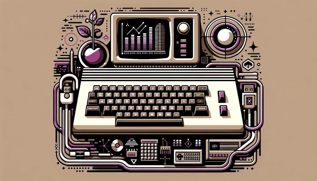 Prompt: A vector design showcasing a Commodore 64 with its iconic keyboard layout and design elements.