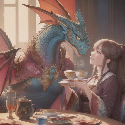 Prompt: colorful dragons having a tea party, and a cute face, perfect composition, hyperrealistic, super detailed, 8k, high quality, trending art, trending on artstation, sharp focus, studio photo, intricate details, highly detailed, by greg rutkowski, illustration, watercolor