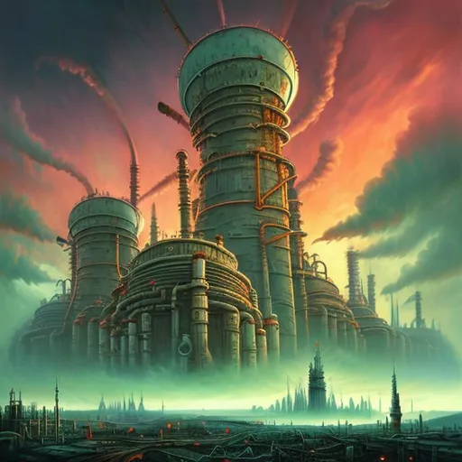 Prompt:  fantasy art style, painting, pipes, tubes, nuclear reactor, power plants, nuclear fusion, nuclear power, nuclear weapons, bombs, torpedoes, misiles, concrete, green neon lights, pollution, smog, fog, evil, misiles launching