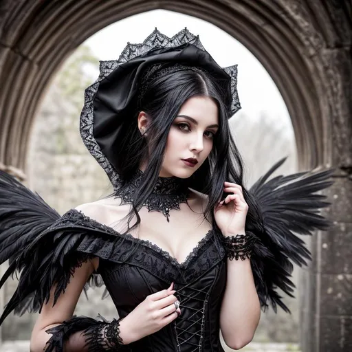 Prompt: Create an exquisite, high-resolution portrait of a gothic young woman emanating an aura of dark allure and captivating beauty. This photograph should emphasize her unique features and gothic attire with professional photographic finesse.

Her complexion is a porcelain pale, providing a stark contrast to her long, raven-black hair. It falls like a cascade over her shoulders, partially veiling one of her eyes, adding a touch of mystery to her persona. The hair's darkness accentuates her finely chiseled face, making her refined features stand out.

She is dressed in a flared black tulle skirt that complements a tightly laced corset, accentuating her silhouette. The corset, adorned with delicate lace details, showcases her affinity for gothic fashion.

Ink-stained artistry graces her arms in the form of spiderweb and rose tattoos. These serve as her personal canvas, each tattoo narrating a different story, expressing her individuality and spirit.

Her makeup is dark, shadowy eyeshadows enhancing the color of her eyes, while her lips are painted a deep, vampiric black. The striking contrast of her pale skin against the dark makeup adds a dramatic effect, intensifying her gothic appeal.

A standout accessory is a stylized necklace, a raven in mid-flight, held delicately by her hands. The raven's outstretched wings serve as a focal point, and it seems to take flight from the dark expanse of her corset.

Ensure to use high-quality photographic standards to capture her intricate details, her piercing gaze, and the nuanced shadows cast by her attire and the raven pendant. This portrait should not merely represent a gothic young woman, but it should also bring to light the rich tapestry of her gothic persona - an embodiment of mysterious elegance and beauty.