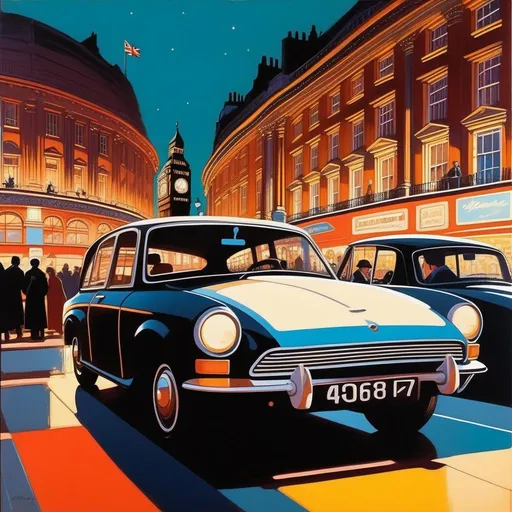 Prompt: 1970s, London at night, Piccadilly Circus, car chase, warm atmosphere, cartoony style, extremely detailed painting by Greg Rutkowski and by Henry Justice Ford and by Steve Henderson