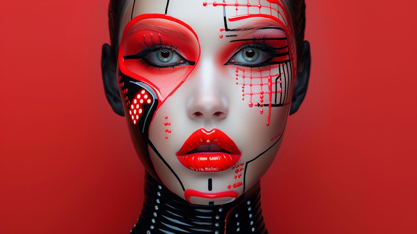 Prompt: An advanced and intricate 8-bit style makeup, featuring more complex pixelated designs, vibrant colors, and detailed blocky shapes. The makeup should give an illusion of depth and sophistication, resembling high-definition old video game graphics. The person's facial expression should be subtly expressive, enhancing the impact of the makeup. The background should be more dynamic but still complementary to the 8-bit aesthetic, perhaps with subtle pixelated patterns or gradients.