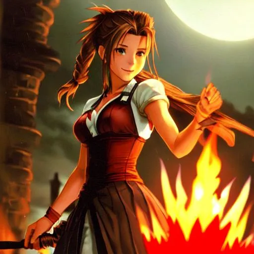 Prompt: A dark, spooky image of Aerith from Final Fantasy smiling innocently with fire in the background