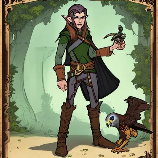 Prompt: skinny male Half-elf bounty hunter with a pet falcon hunting fey 
