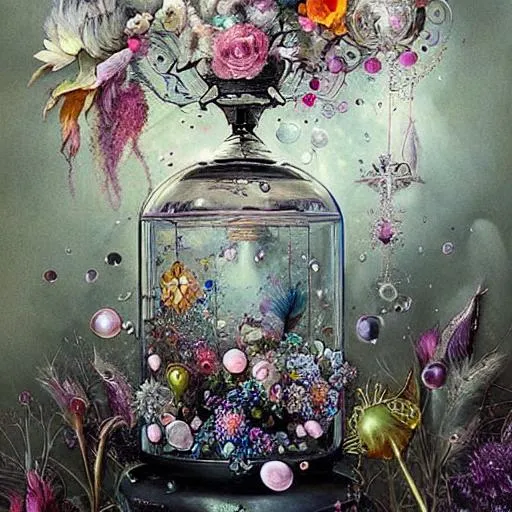 Prompt: painted still life beautiful flowers by ambrosius bosschaet!!!!!, floating in the sky, daniel merriam art, muted colors, hyper realistic soft focus feathers, fantasy steampunk, spiral staircase, vintage pocketwatch, ambrosius bosschaert art, iridescent water drops, crystal chandelier drops, glitter sparkles, infinite depth, incredibly detailed, ultra realistic, high index of refraction, hyper realistic elegant smooth sharp clear edges, sharp focus, wide angle perspective, ultra realistic, sense of high spirits, volumetric lighting, occlusion, Unreal Engine 5 128K UHD Octane, fractal, pi, fBm