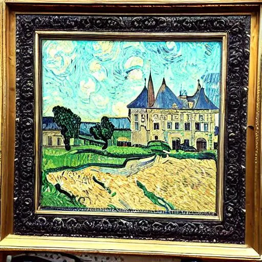 Prompt: The Chateau de goue in Fougerolles du Plessis in France in the style of van gogh with black roof
