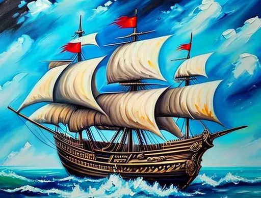 Prompt: Change this painting to a pirate sailing ship. Keep same style as the painting. Remove unclear parts. Make the flags of the ship green.
