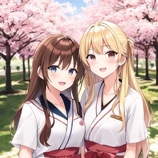 Prompt: Caleb (brown hair) and (Haley, blonde hair,  wearing a Japanese school uniform) on a date, under the cherry blossom trees
