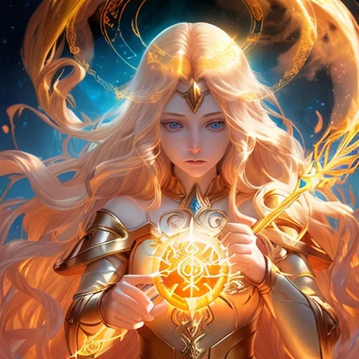 Prompt: Fantasy illustration of a radiant sun girl, long golden hair with cool reflections, pale complexion, piercing blue eyes, mythical sun spear held in hand, magical collar with glowing runes, ethereal and majestic, high quality, fantasy, magical, mythical, radiant glow, detailed eyes, golden hair, professional, atmospheric lighting