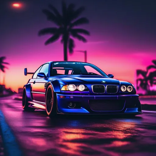 Prompt: 2001 BMW M3 E46 GTR, synthwave, aesthetic cyberpunk, miami, highway, dusk, neon lights, coastal highway, dusk, neon lights, coastal highway, sunset, drift, nurburgring, water on the road, blade runner, 8k, watercolor, macro sharp focus, 8, hyper realistic, cinematic, highly detailed, photoraelistic, clean