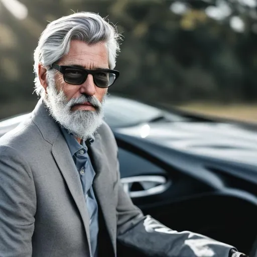 Prompt: Tall handsome man with grey hair, beard and dark glasses in a Foreign Sports Car
