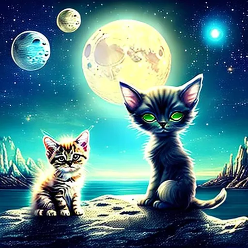 Prompt: Cute metallic alien puppy and kitten on the moon overlooking the sea