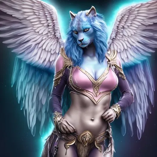 Prompt: Realistic Very majestic panthergirl with epic majestic wings, gold pink and blue