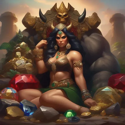 Prompt: A Large muscular {{{Barbarian}}} ogre woman with {{{tusks}}} and {{{black sclera}}}, glaring at the viewer, raising an eyebrow. lounging upon a large mound consisting of various treasures, gems, emeralds, diamonds, rubies, sapphires, onyx, and gold coins. wielding an ornate-looking mace encrusted with gems.