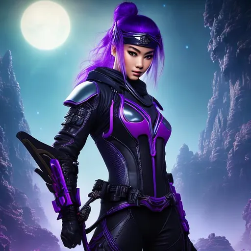Prompt: create photograph of beautiful female ninja who is wearing bright purple futuristic ninja robes,  night time and beautiful sky  space and planets an nebulae in sky highly detailed, detailed face, extremely detailed environment, extremely detailed background, extremely detailed skin, extremely detailed clothing, natural colors , professionally color graded, photorealism, 8k, realistic, moody lighting, galactic environment, volumetric lighting