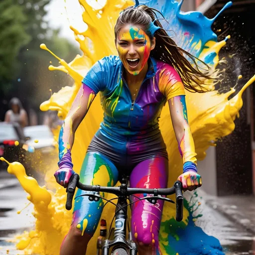 Prompt: full body, best lighting, best shadows, dynamic poses woman, solo, shock, in cycling costume covered with colored cream, Wet drips, best quality, super detailed, join them paint wars, smashed with colored cream and get bombarded with paint, their hair splashed with colored cream, exaggerated movements and perspective  messy game, wet, throw paint, color oil splashed on face, colored cream splashed on clothes, stained clothes, wet clothes, paint explosion, crushed color splash, smeared paint, color wars, ruined clothes, dirty hair, dirty face, whipped cream in mouth, color splash, cream stain, splash art, colorful and gorgeous, picture absurd, sci-fi, imaginative, incredible, background painted with colorful paint