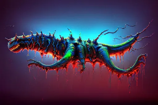 Prompt: {Extremely Detailed dripping paint psychedelic color ink splashed Cosmic bioluminescent monster prodigious claws on hind and fore feet, and long, narrow wings behind}:: by Lovecraft, octane rendering, Behance HD, Ambient freedom, 8k resolution, Vivid intricate color grading, soft shadows, dramatic lighting, Drip Paint, color splash, blender render, symmetrical, bold, fine lines, HDR, Intricate details.:: Magnificent, beautiful,  UHD::