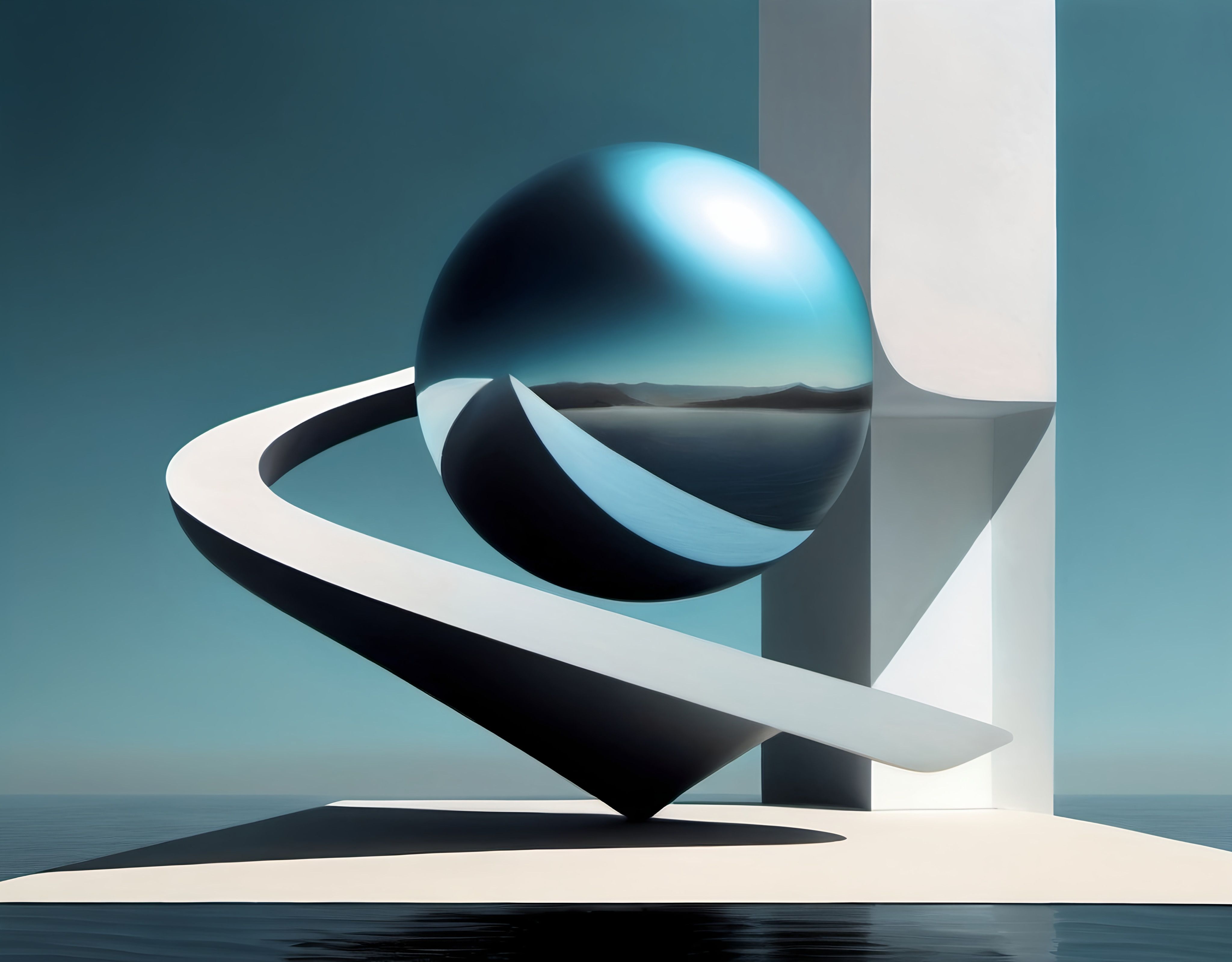 Prompt: a blue ball is sitting on a pedestal in the water and a white column is in the background with a blue sky, cinema 4 d, an ultrafine detailed painting