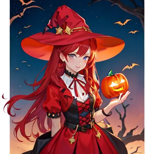 Prompt: Haley with bright red hair pulled back, Halloween, dressed up as a witch