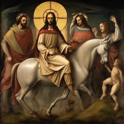 Prompt: Christ on a horse in the style of a Renaissance davinci painting 