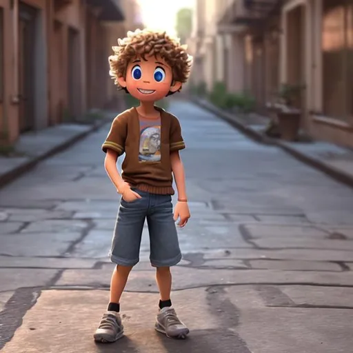 Prompt: Imagine: a happy young boy with blonde curley hair and big brown eyes Scene: walking down the streets showing his whole body Style: Super realistic