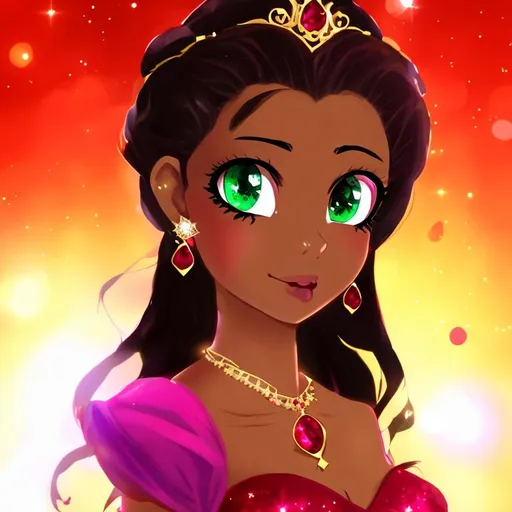 Prompt: Anime, Princess, Green eyes, Ruby Ballgown, Ruby earrings, Ebony skin, HD, 4k, High Quality, Effects.