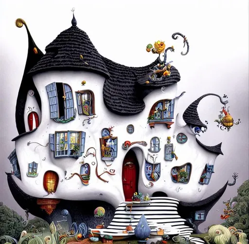 Prompt: Funny crooked house by Dr. Seuss, Joe Fenton, Jacek yerka, wojtek siudmak, Megan Duncanson: Volumetric Lighting Maximalist Storybook Illustration 8k Resolution Intricately Detailed Concept Art, Intricate, Elegant, Expansive, Fantastic