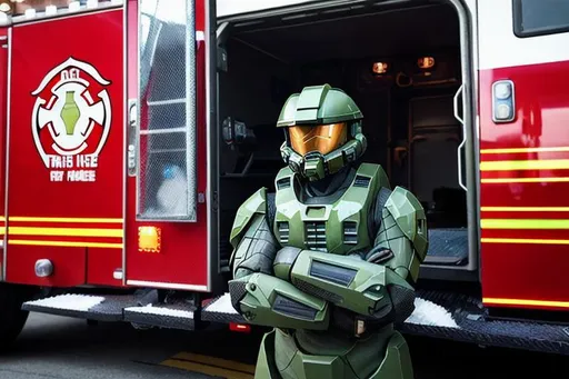 Prompt: Master Chief in front of a fire truck