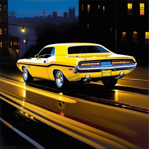 Prompt: Yellow Dodge Challenger 1970, car chase, cops, damaged, Pittsburgh at night, warm atmosphere, cartoony, extremely detailed painting by Greg Rutkowski and by Henry Justice Ford and by Steve Henderson.