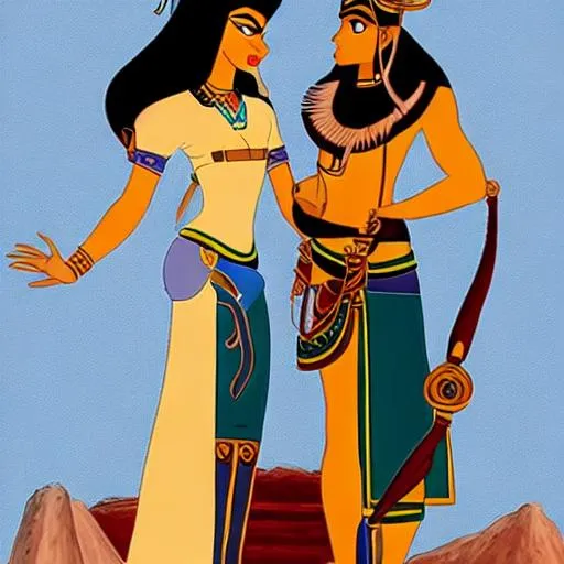 Prompt: Ma’at and Thoth illustrated realistically in Disney animation