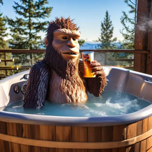 Prompt: dr squach sasquatch drinking root beer in a hot tub
