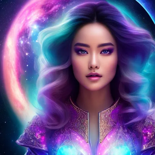 Prompt: create photograph of beautiful female princes who is wearing bright futuristic robes,  night time and beautiful sky  space and planets an nebulae in sky highly detailed, detailed face, extremely detailed environment, extremely detailed background, extremely detailed skin, extremely detailed clothing, natural colors , professionally color graded, photorealism, 8k, realistic, moody lighting, galactic environment, volumetric lighting
