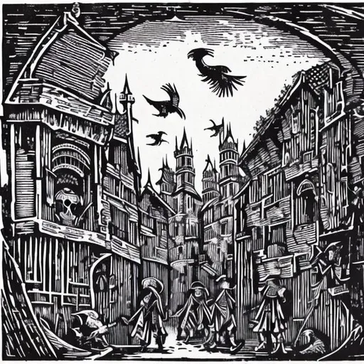 Prompt: woodcut of knaves skulking through a medieval city, ravens flying overhead