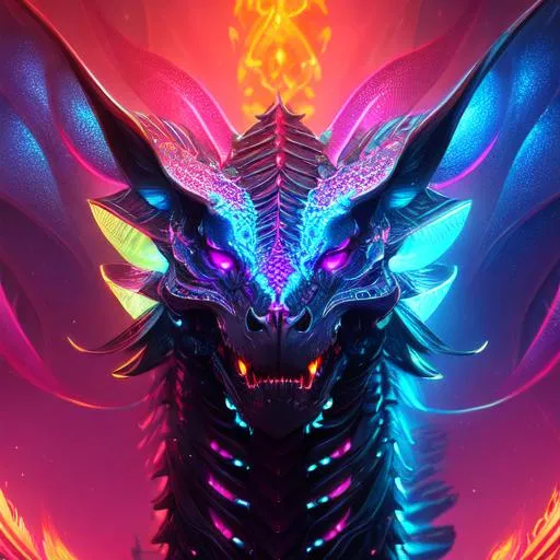 Portrait of a roaring neon skeleton dragon with irid... | OpenArt