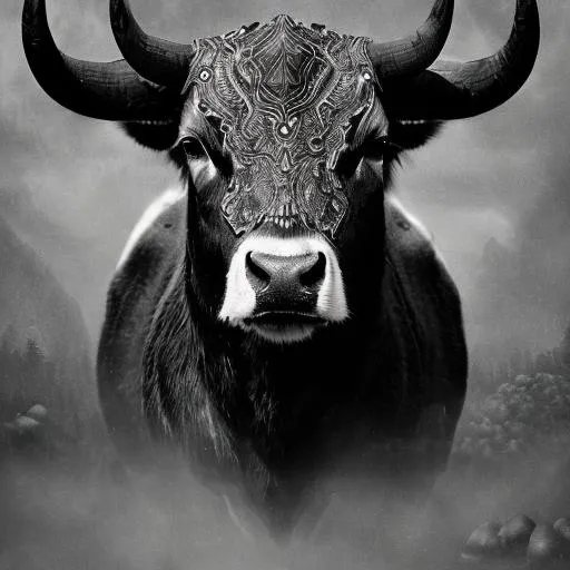 Prompt: a demoniac cow face, dark atmosphere, greyscale, detailed linework, cinematic, psychedelic, black paper, ornate, symmetrical, tarot card, highly detailed, ink illustration, style of peter mohrbacher, golden ratio, 8 k
