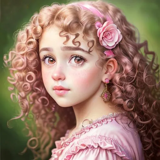 Prompt: 
 realistic portrait of a very beautiful young girl cute nose perfect lips intricate girlish charm curly hair, wearing pink, closeup
