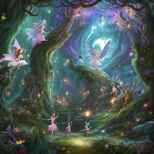 Prompt: fantasy magical forest with fairies
and píxies and a flying pegasus