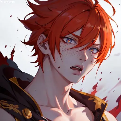 Prompt: Erikku male adult (short ginger hair, freckles, right eye blue left eye purple) UHD, 8K, Highly detailed, insane detail, best quality, high quality,  anime style, in purgatory, yelling, angry, fighting, covered in blood