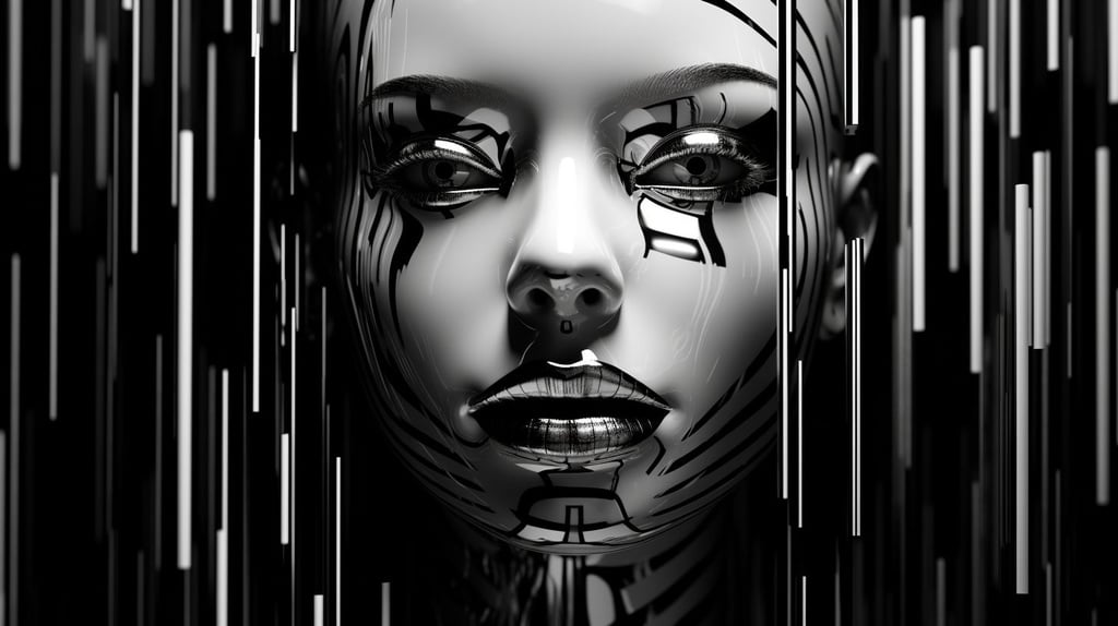 Prompt: a portrait of a face with black and white stripes, in the style of high-tech futurism, video feedback loops, josh adamski, three-dimensional puzzles, chrome reflections, jean nouvel, robotic motifs