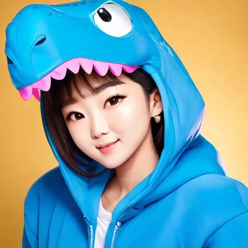 Prompt: beautiful female k-pop idol wearing a cute blue dinosaur costume, her face is visible, close up portrait, shot on sony a1, 85mm ISO 100, medium format, 45 megapixel, studio lighting, softbox, high shutter speed flash photography, award winning photograph with golden ratio composition