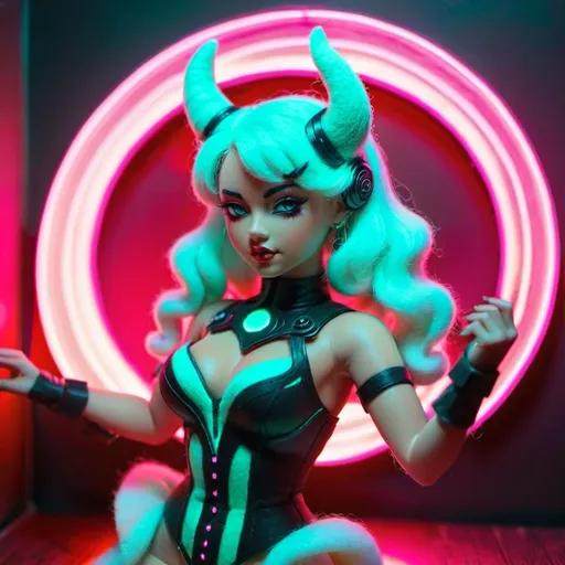 Prompt: a beautiful female demon in a dynamic pose in a retro futuristic synthwave cyberpunk neon paradise.  neon lighting, high quality, beautiful, synthwave, cyber, retro, futuristic