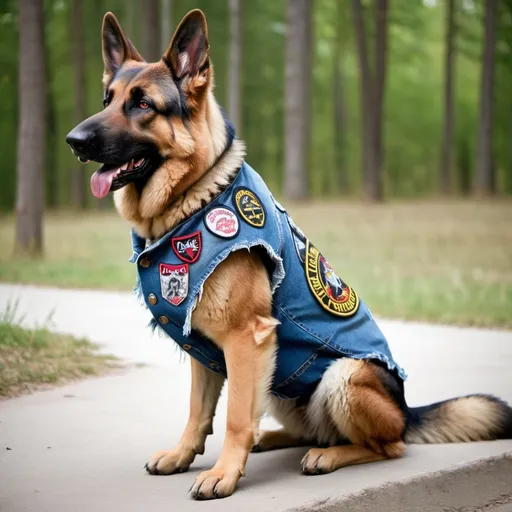 Prompt: german shepherd wearing a heavy metal music denim vest with patches