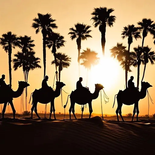 Prompt: silhouette of arabs on camels