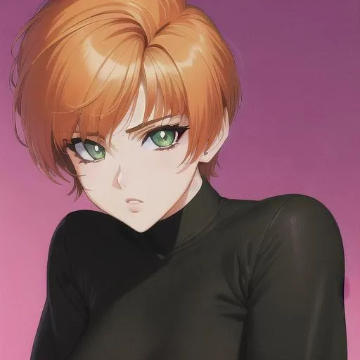 Prompt: 90s anime style, detailed, intricate face, detailed eyes, gentle tones, 90s tones, beautiful woman, short orange hair, gowing green eyes, black pupil's 