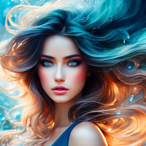 Prompt: woman with water flowing like hair, blue eyes, sunset beach scene background, highly detailed, hyper realistic, anime, high contrast, dramatic lighting, insanely beautiful, 1 person, Unreal Engine, Beautiful, Hd Photography, Beautiful Watercolor Painting, Detailed, dramatic lighting, insanely beautiful, 1 person