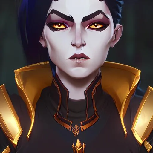 Prompt: Female tiefling with gold horns, white skin, and black hair
