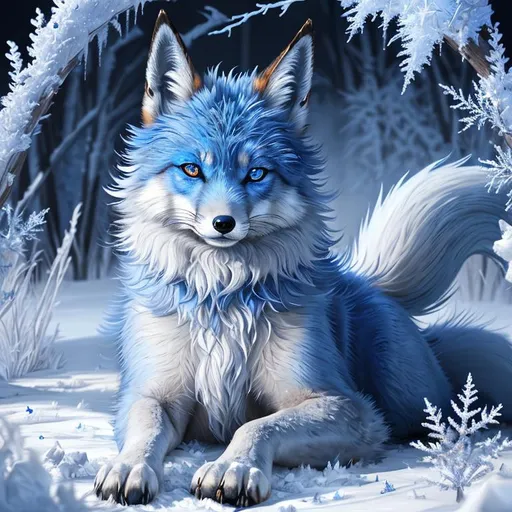 Prompt: (masterpiece, professional oil painting, epic digital art, best quality, highly detailed:1.5), extremely beautiful blue vixen ((fox)), (canine quadruped), female, adolescent, ice elemental, deep blue fur covered in frost, (bashful hypnotic sapphire blue eyes), 8k eyes, sprawled on frosted field, insanely beautiful, gorgeous billowing silver mane covered in frost, (plump:2), brightly glistening fur, brightly glistening mane, by Anne Stokes, by Yuino Chiri, detailed smiling face, finely detailed fur, hyper detailed fur, (soft silky insanely detailed fur), moonlight beaming through clouds, grassy field covered in frost, fluffy fox ears, cool colors, beaming sun, professional, symmetric, golden ratio, unreal engine, depth, volumetric lighting, rich oil medium, (brilliant auroras), (ice storm), full body focus, beautifully detailed background, highly detailed defined furry legs, cinematic, 64K, UHD, intricate detail, high quality, high detail, masterpiece, intricate facial detail, high quality, detailed face, intricate quality, intricate eye detail, highly detailed, high resolution scan, intricate detailed, highly detailed face, very detailed, high resolution