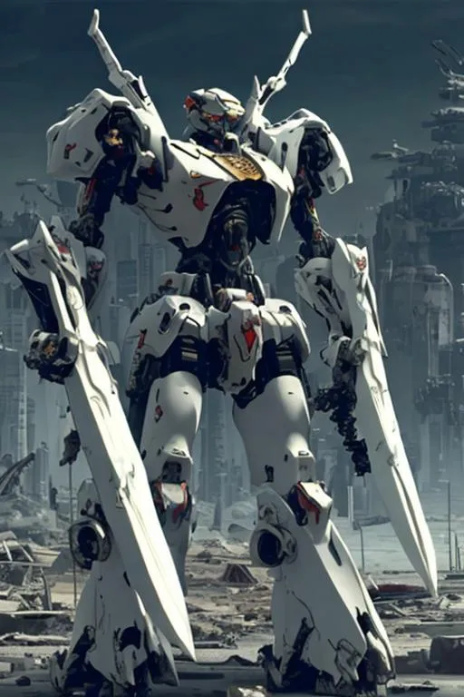 Prompt: A white mecha with sleek but complex armour design holding a long sword and floating weapons surrounding it with a ruined city as background