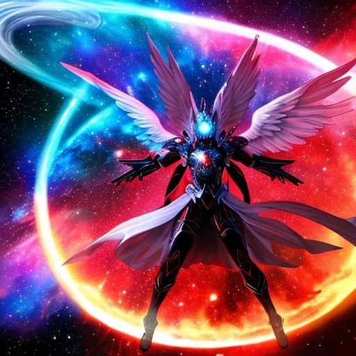 An angel destroying a galaxy with 4 arms,red eyes,so... | OpenArt