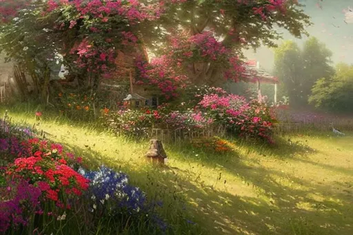 Prompt: a beautiful painting of a farm of flowers by greg rutkowski and thomas kinkade, trending on artstation.